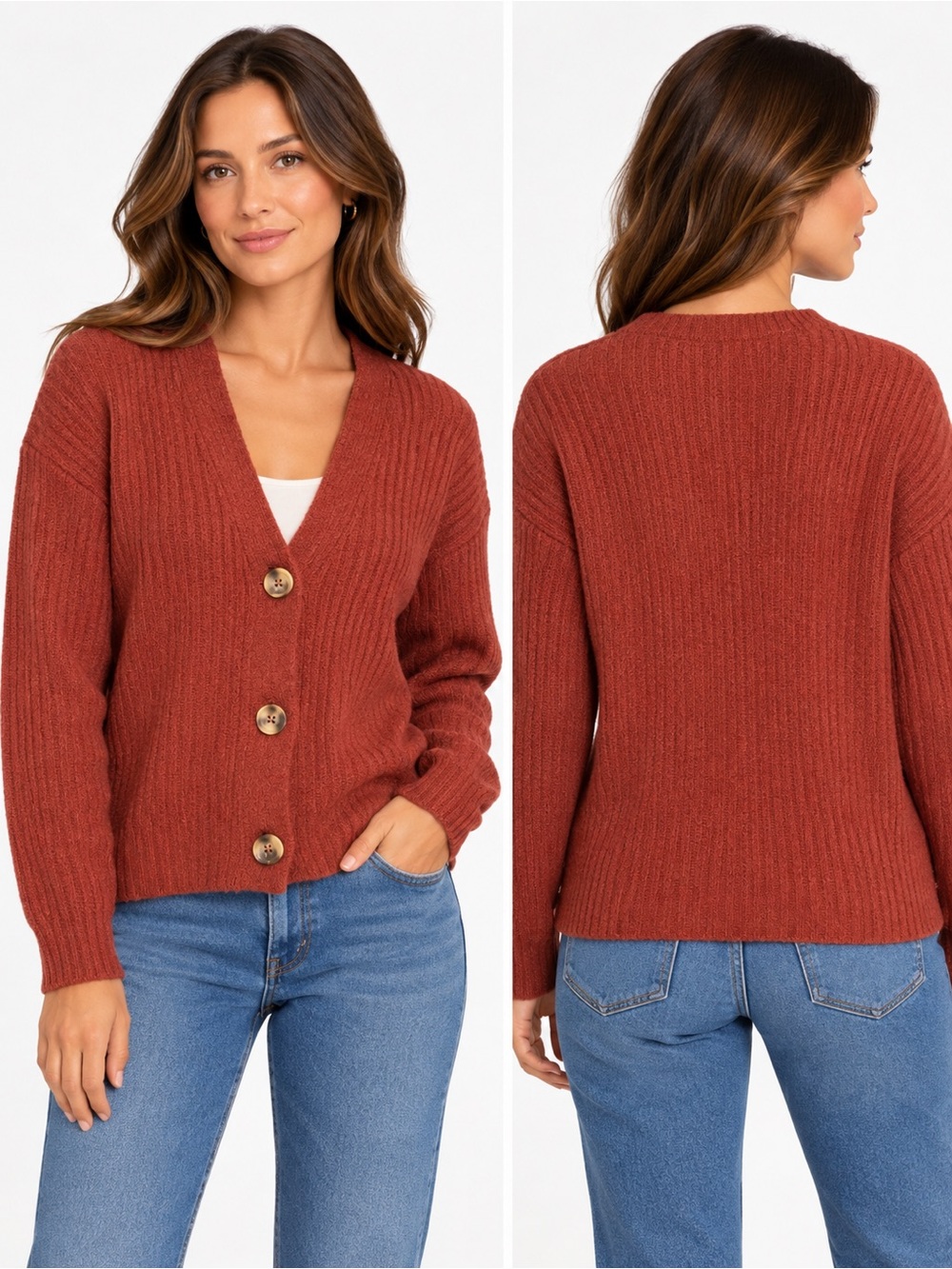 Madewell XXS Rust Terracotta Ribbed V-Neck 3 Button Cardigan Sweater